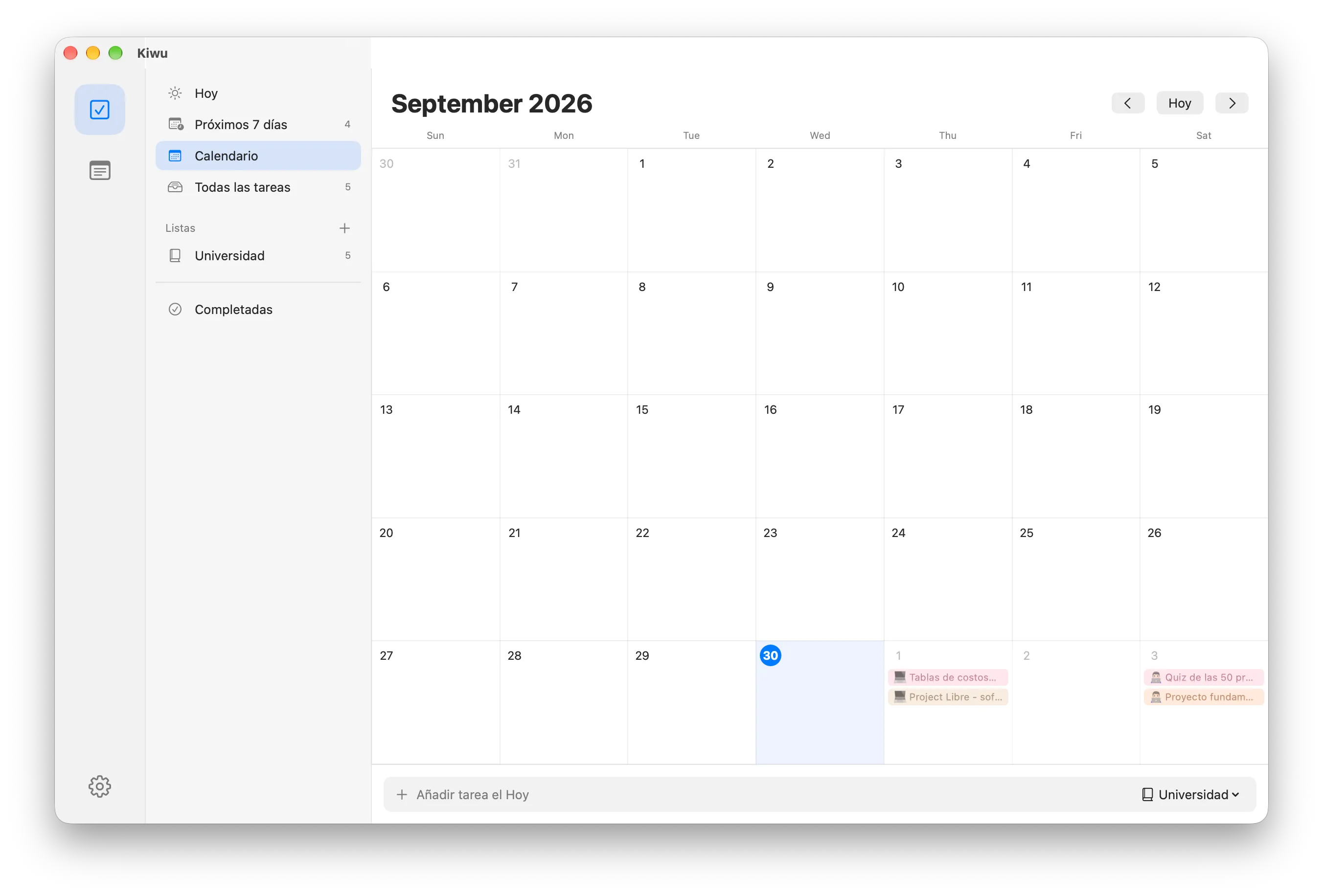 Vista de calendario mensual de Kiwu con las entregas