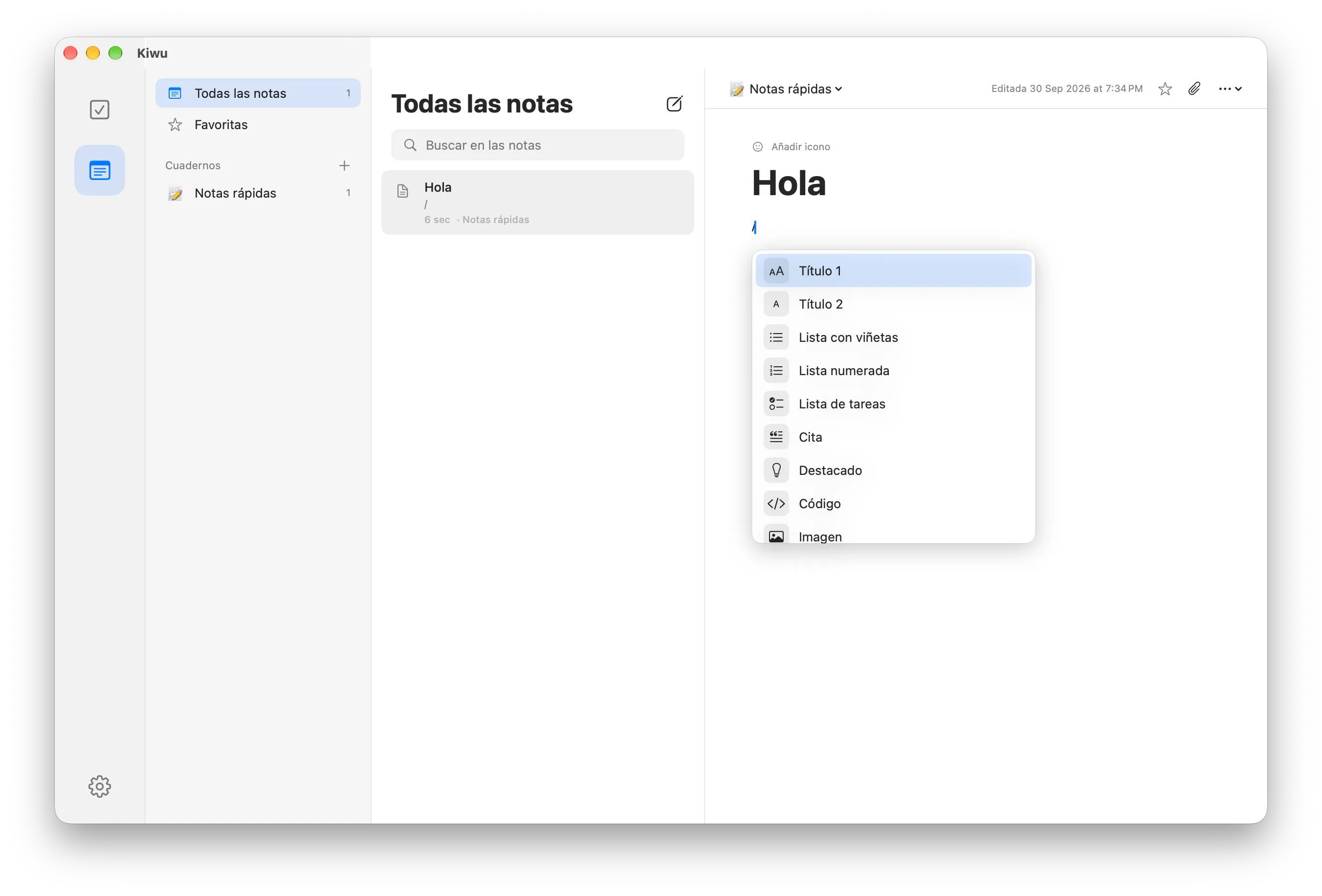 Editor de notas de Kiwu con el menú de bloques abierto