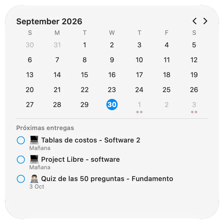 Widget Calendario de deberes de Kiwu mostrando el mes y las próximas entregas